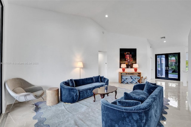 2649 Nelson Ct, Weston, FL 33332 - living area featuring lofted ceiling, marble tiled flooring, and recessed lighting