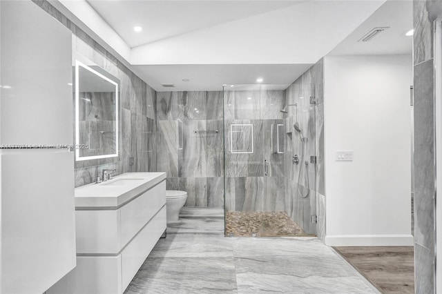 2649 Nelson Ct, Weston, FL 33332 - bathroom featuring a marble finish shower, vanity, recessed lighting, and marble finish flooring
