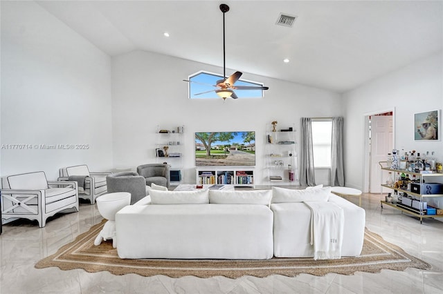 2649 Nelson Ct, Weston, FL 33332 - living room with a ceiling fan, marble tiled floors, recessed lighting, and high vaulted ceiling