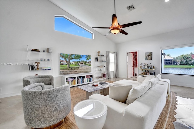 2649 Nelson Ct, Weston, FL 33332 - living room featuring a ceiling fan, healthy amount of natural light, and high vaulted ceiling