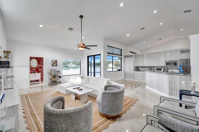 2649 Nelson Ct, Weston, FL 33332 - living room with vaulted ceiling, a ceiling fan, and recessed lighting