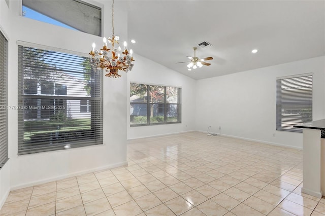unfurnished dining area with visible vents, vaulted ceiling, light tile patterned floors, ceiling fan with notable chandelier, and recessed lighting