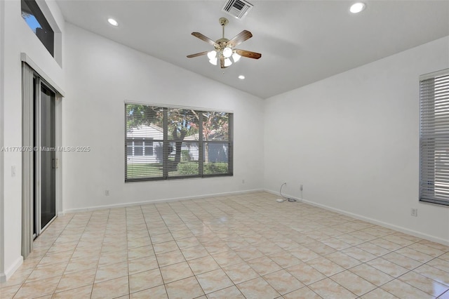 unfurnished room featuring visible vents, baseboards, recessed lighting, a ceiling fan, and vaulted ceiling