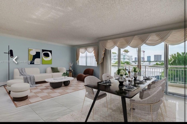 10140 W Bay Harbor Dr Unit 502B, Bay Harbor Islands, FL 33154 - dining area with a view of city, a textured ceiling, healthy amount of natural light, and marble look tile flooring
