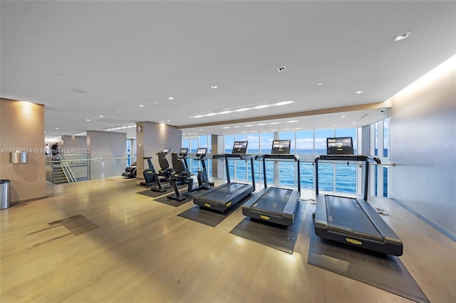 1830 S Ocean Dr Unit 2808, Hallandale Beach, FL 33009 - gym with wood finished floors, recessed lighting, and a wall of windows