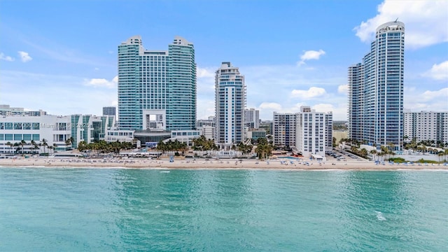 view of water feature with a view of city and a view of the beach