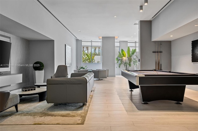 recreation room with billiards, wood finished floors, and recessed lighting