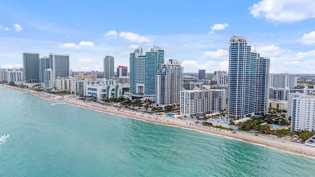 bird's eye view with a beach view, a water view, and a view of city