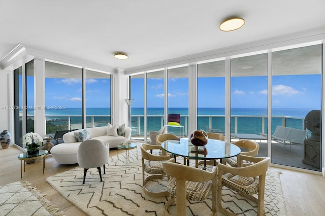 sunroom / solarium with a water view and a healthy amount of sunlight
