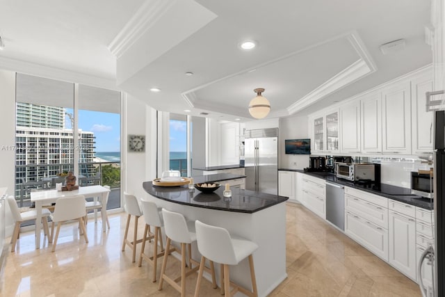 kitchen with crown molding, dark countertops, stainless steel appliances, white cabinetry, and a tray ceiling