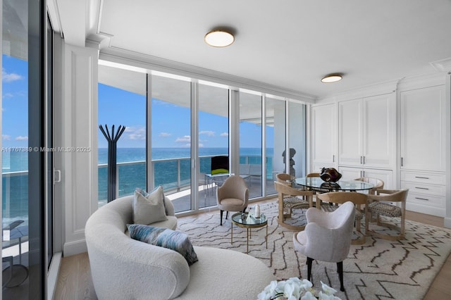 living area featuring a water view, floor to ceiling windows, and light wood finished floors