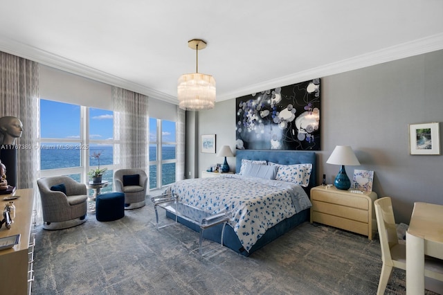 bedroom featuring crown molding, a water view, and a notable chandelier
