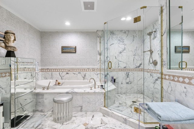 full bathroom with a garden tub, visible vents, tile walls, a marble finish shower, and recessed lighting