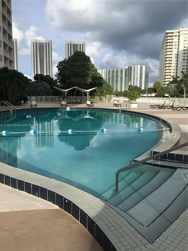community pool with a city view