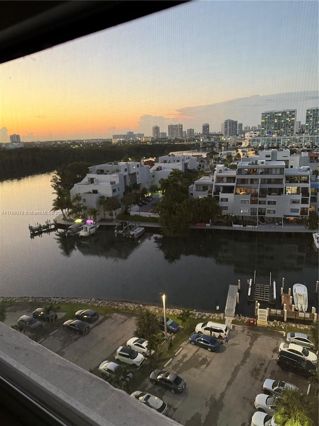 drone / aerial view featuring a water view and a city view