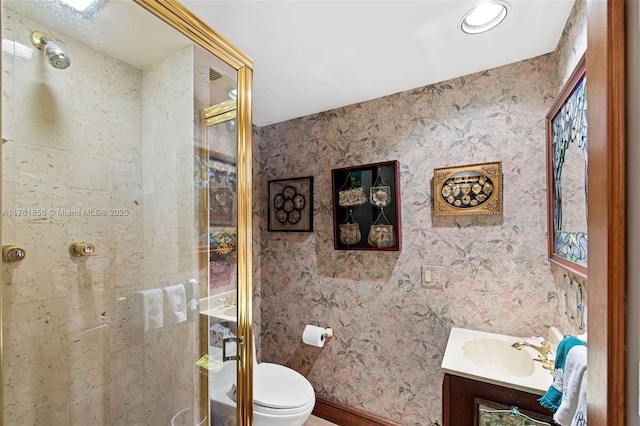 1 Grove Isle Dr Unit A409, Miami, FL 33133 - full bathroom featuring vanity, a stall shower, and wallpapered walls