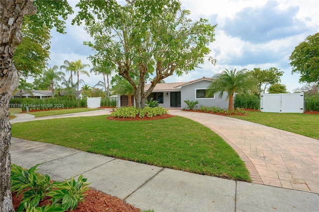 view of front facade featuring a gate, fence, driveway, a front lawn, and stucco siding