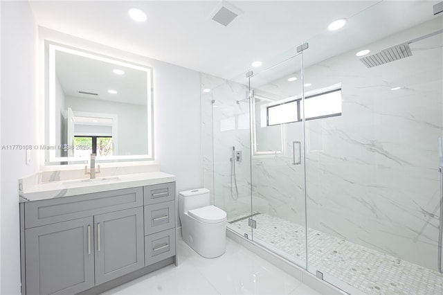 full bath featuring visible vents, a marble finish shower, toilet, recessed lighting, and vanity