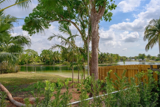 view of water feature featuring fence