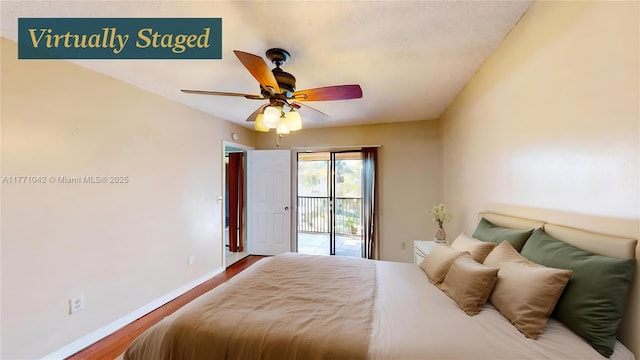 1140 Independence Trl Unit 1140-D, Homestead, FL 33034 - bedroom featuring a ceiling fan, baseboards, access to exterior, and wood finished floors