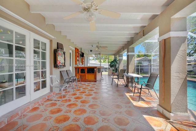 8480 Caribbean Blvd, Cutler Bay, FL 33157 - view of patio with french doors, an outdoor pool, glass enclosure, and ceiling fan