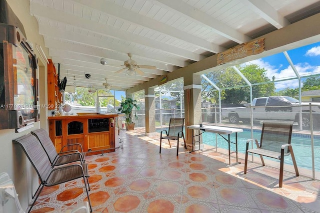 8480 Caribbean Blvd, Cutler Bay, FL 33157 - view of patio featuring glass enclosure, a fenced in pool, and a ceiling fan
