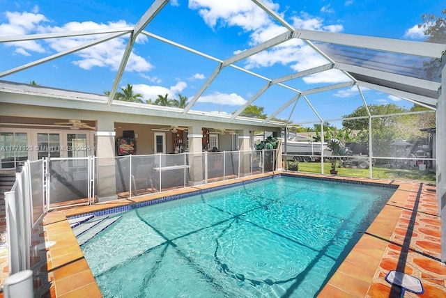 8480 Caribbean Blvd, Cutler Bay, FL 33157 - view of swimming pool featuring a patio, french doors, a fenced in pool, glass enclosure, and ceiling fan