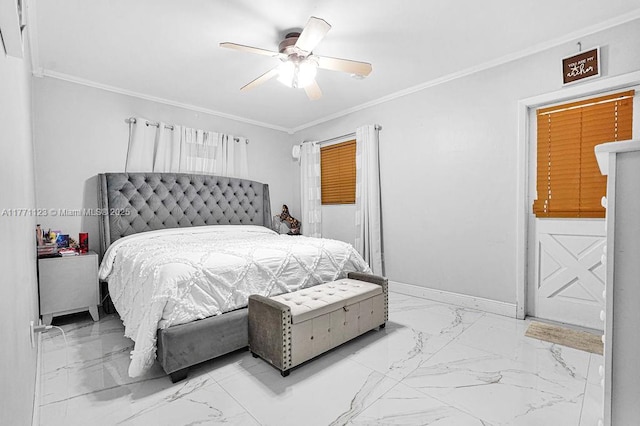 8480 Caribbean Blvd, Cutler Bay, FL 33157 - bedroom featuring marble finish floor, baseboards, ornamental molding, and a ceiling fan