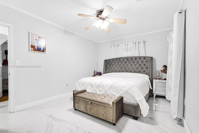 8480 Caribbean Blvd, Cutler Bay, FL 33157 - bedroom featuring marble finish floor, baseboards, ornamental molding, and a ceiling fan