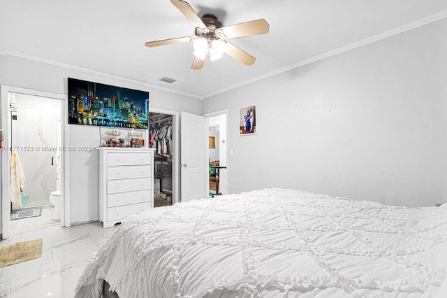 8480 Caribbean Blvd, Cutler Bay, FL 33157 - bedroom featuring a spacious closet, ornamental molding, marble finish floor, visible vents, and a closet