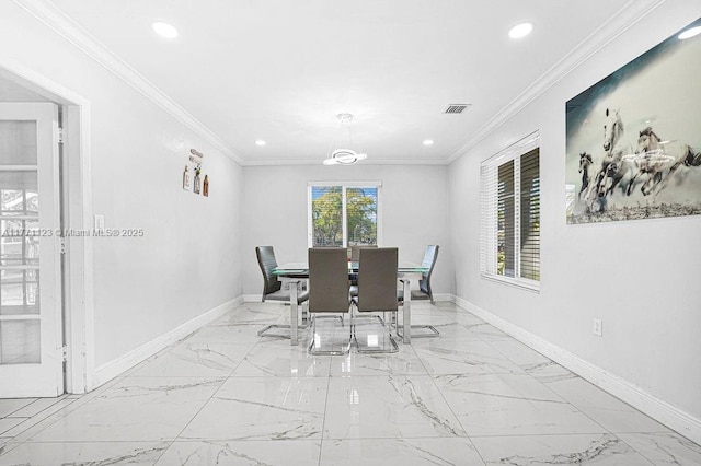 8480 Caribbean Blvd, Cutler Bay, FL 33157 - dining room with marble finish floor, ornamental molding, baseboards, and visible vents