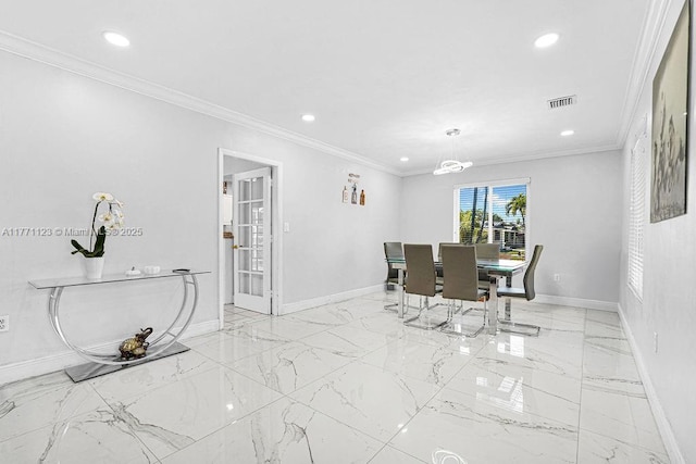 8480 Caribbean Blvd, Cutler Bay, FL 33157 - dining room featuring crown molding, marble finish floor, baseboards, visible vents, and recessed lighting