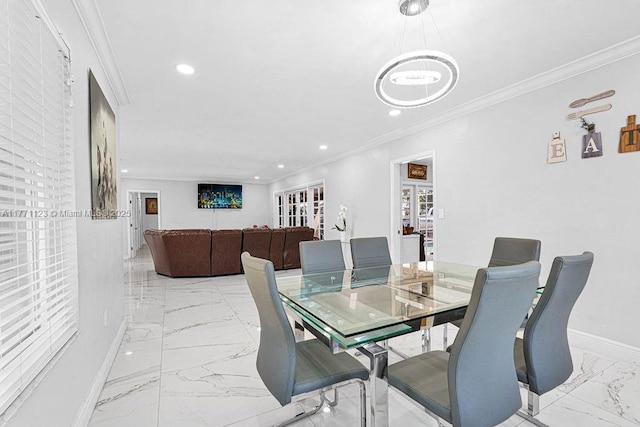 8480 Caribbean Blvd, Cutler Bay, FL 33157 - dining room featuring crown molding, recessed lighting, an inviting chandelier, baseboards, and marble finish floor