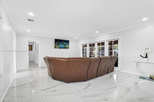 8480 Caribbean Blvd, Cutler Bay, FL 33157 - living room with recessed lighting, ornamental molding, baseboards, marble finish floor, and visible vents