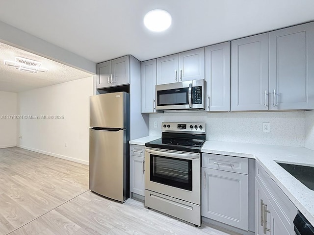 kitchen with baseboards, stainless steel appliances, gray cabinets, and light wood finished floors