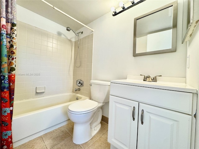 bathroom featuring tile patterned flooring, vanity, shower / tub combo with curtain, toilet, and baseboards