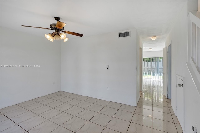 spare room featuring ceiling fan and visible vents