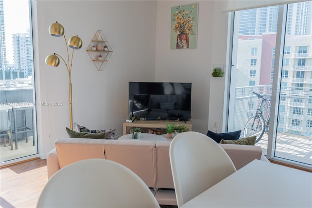 living area with a city view and wood finished floors
