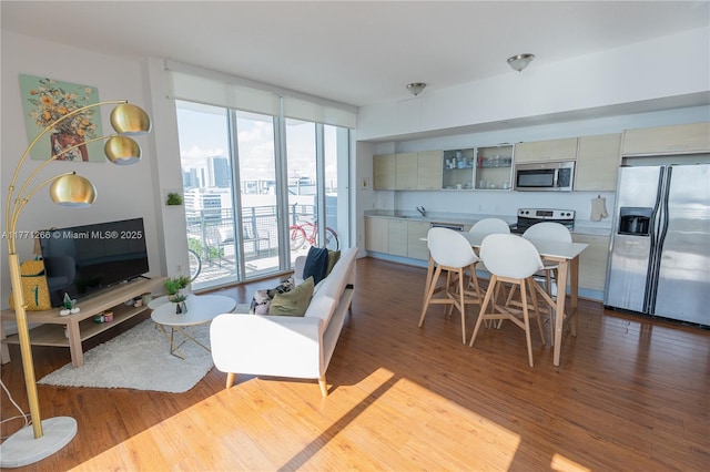 living room featuring floor to ceiling windows and wood finished floors