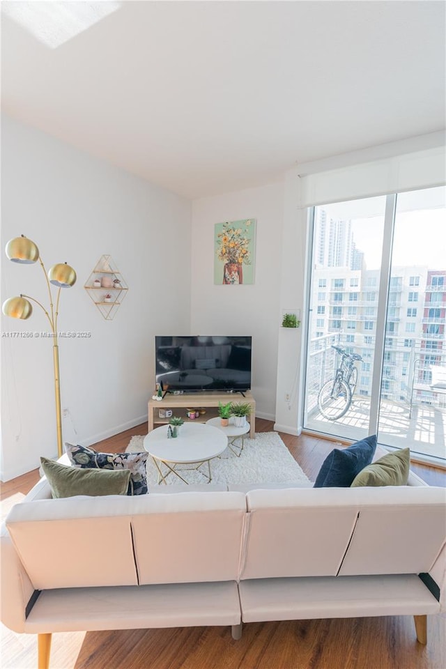 living room with baseboards and wood finished floors