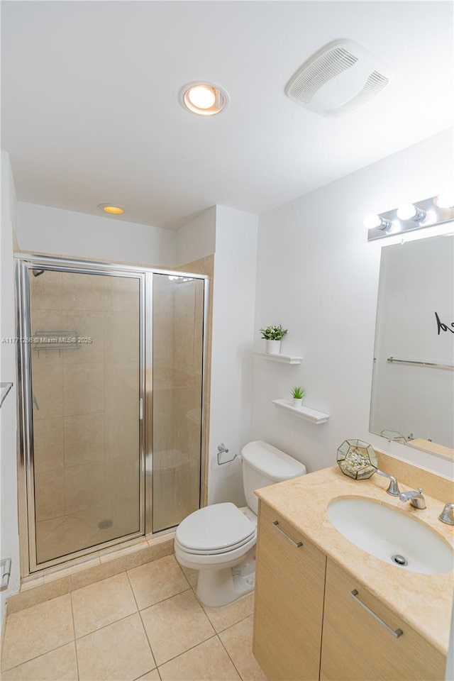 full bath with vanity, toilet, a shower stall, tile patterned floors, and visible vents