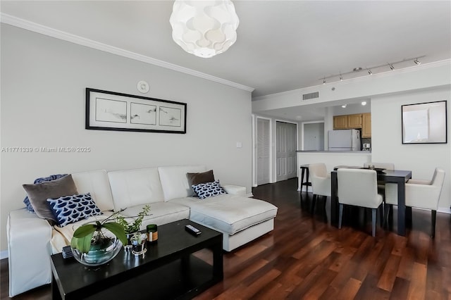 2665 SW 37th Ave Unit 1404, Miami, FL 33133 - living area with dark wood-style floors, crown molding, and rail lighting