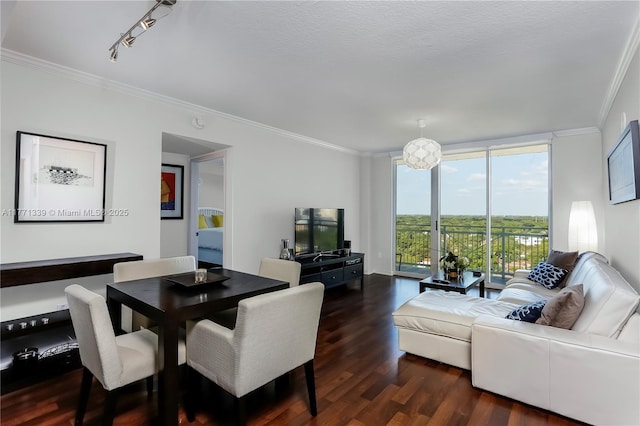 2665 SW 37th Ave Unit 1404, Miami, FL 33133 - dining room featuring ornamental molding, dark wood-type flooring, and a wall of windows