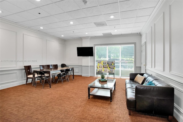 2665 SW 37th Ave Unit 1404, Miami, FL 33133 - carpeted living area with a decorative wall, ornamental molding, recessed lighting, and a drop ceiling