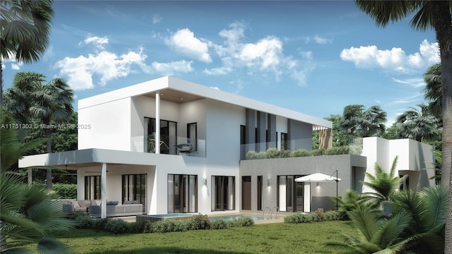 back of property featuring an outdoor living space, a patio area, stucco siding, a balcony, and an outdoor pool