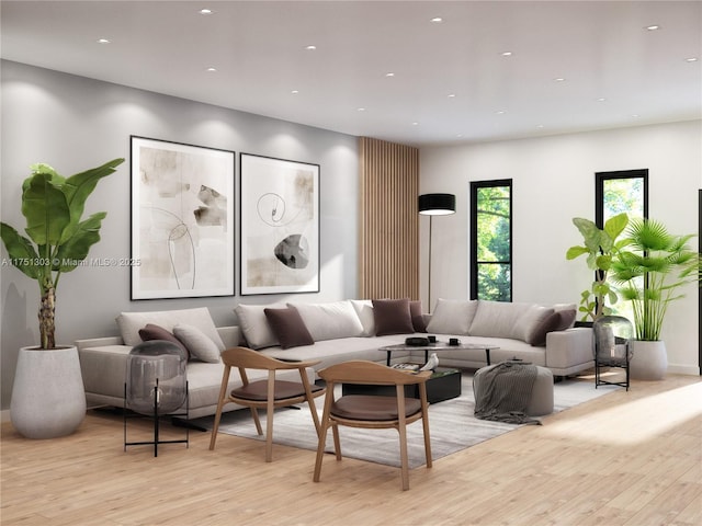 living room featuring light wood finished floors and recessed lighting