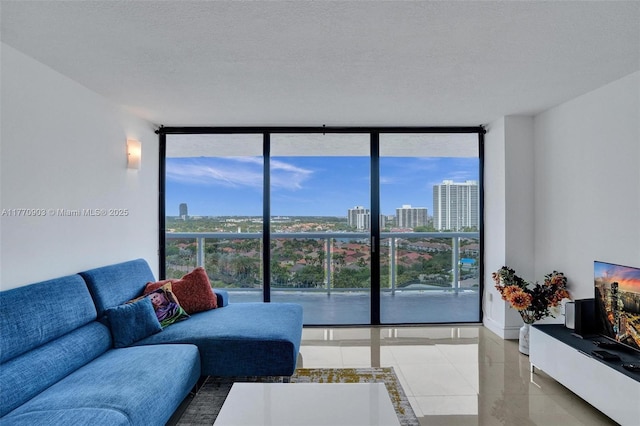 20515 E Country Club Dr Unit 1641, Aventura, FL 33180 - tiled living area with expansive windows and a textured ceiling