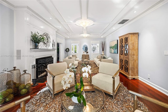 3916 Granada Blvd, Coral Gables, FL 33134 - living room featuring a fireplace with flush hearth, visible vents, baseboards, wood finished floors, and coffered ceiling