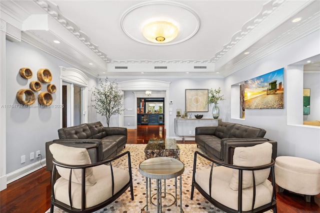 3916 Granada Blvd, Coral Gables, FL 33134 - living area with crown molding, a raised ceiling, wood finished floors, baseboards, and recessed lighting