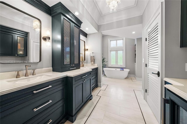 3916 Granada Blvd, Coral Gables, FL 33134 - full bathroom with crown molding, tile patterned floors, a sink, a freestanding bath, and double vanity